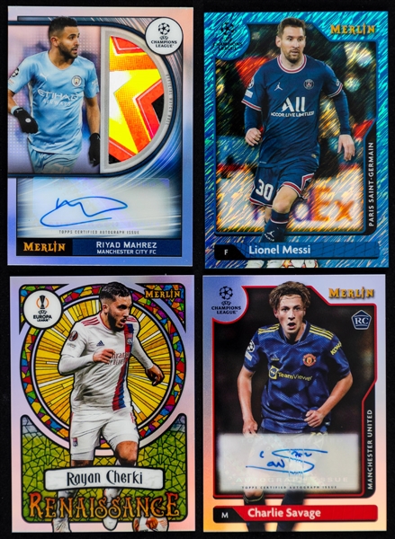 2021-22 Topps Merlin Chrome UEFA League Soccer Cards (12) Including "Blue Shimmer" Refractor Parallel Soccer Card #30 Lionel Messi (47/75) and "Match Ball Signature" Soccer Card #MB-RM Riyad Mahrez