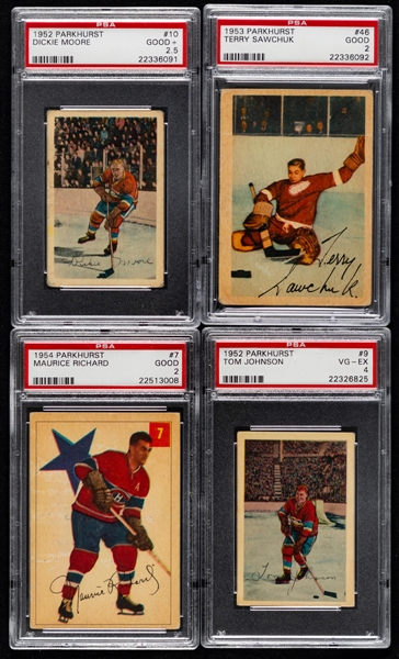 1950s & 1960s Parkhurst and Topps PSA-Graded Hockey Cards (15) Inc. 1952-53 Parkhurst #10 Moore Rookie (PSA 2.5), 1953-54 Parkhurst #46 Sawchuk (PSA 2) and 1954-55 Parkhurst #7 M. Richard (PSA 2)