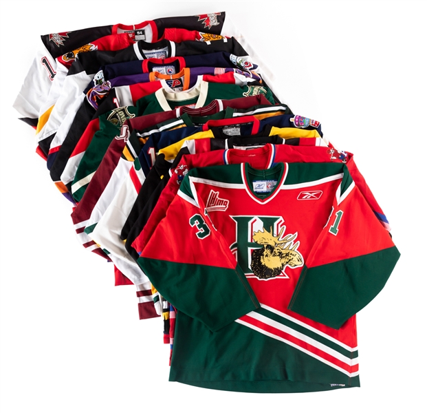 AHL, ECHL, FHL, NCAA, OHL, QMJHL, Canadian Jr and Canadian University Game-Worn and Issued Jersey Collection of 14 - Mostly Goalies! 