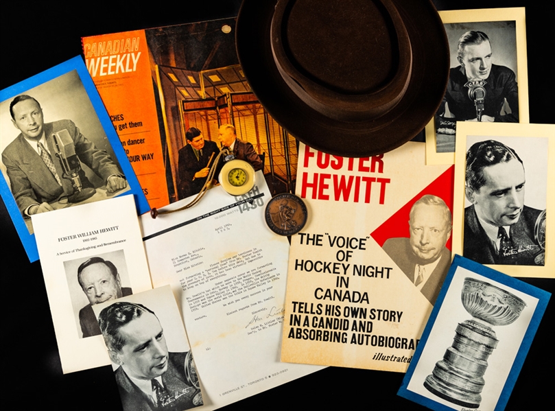 Foster Hewitt Collection of 11 including Funerary Guestbook Signed by 10 HOFers Plus his Personal Stetson Hat Worn at the IIHF World Championships 1958-60 
