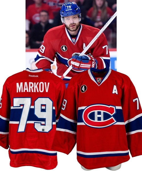 Andrei Markovs 2014-15 Montreal Canadiens Game-Worn Alternate Captains Playoffs Jersey with Team LOA - Beliveau Memorial Patch!