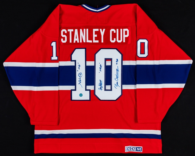 HOFers Henri Richard, Jean Béliveau and Yvan Cournoyer Montreal Canadiens "10 Stanley Cups" Signed Jersey with COA 