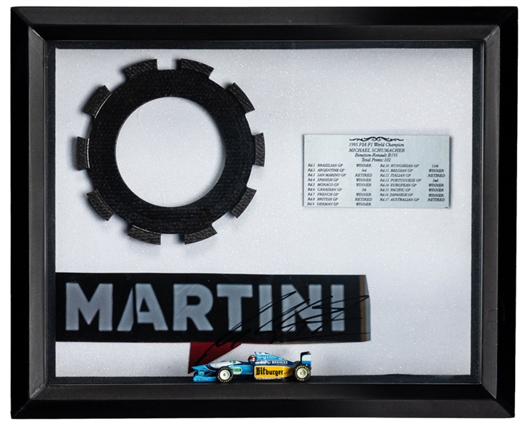 Mild Seven Benetton Renault F1 1995 Brake Spacer Framed Display with Michael Schumacher Signed Cut with Benetton COA - World Championship Season!