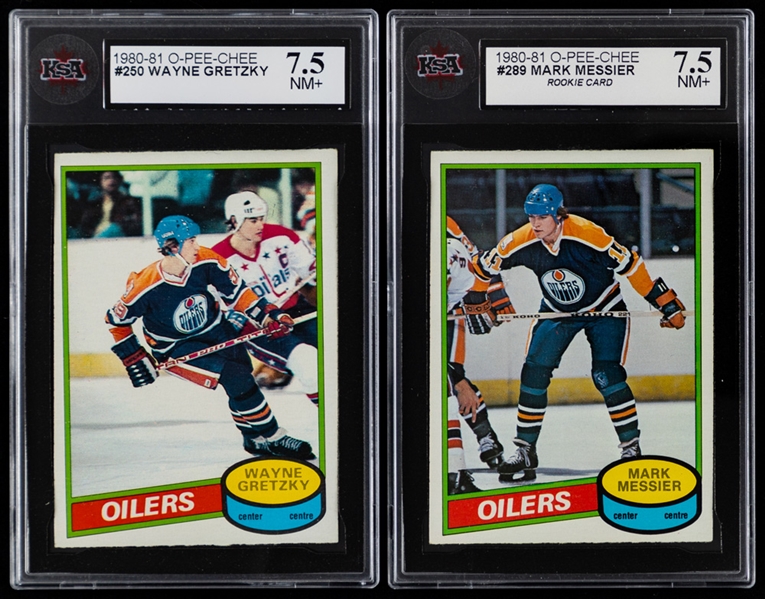 1980-81 O-Pee-Chee Hockey Card #289 HOFer Mark Messier Rookie (Graded KSA 7.5) and 1980-81 O-Pee-Chee Hockey Card #250 HOFer Wayne Gretzky (Graded KSA 7.5)