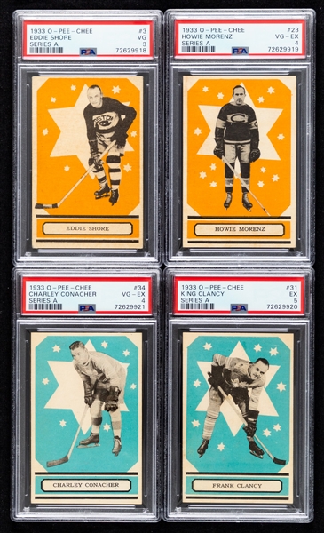 1933-34 O-Pee-Chee V304 Series "A" Hockey Complete 48-Card Set with PSA-Graded Cards (15) Inc. #3 Shore Rookie (VG 3), #23 Morenz (VG-EX 4), #31 Clancy (EX 5) and #34 Conacher Rookie (VG-EX 4) 