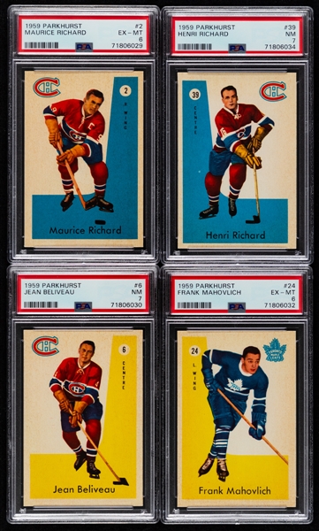 1959-60 Parkhurst Hockey Complete 50-Card Set with PSA-Graded Cards (8) Inc. HOFers #2 M. Richard (EX-MT 6), #39 H. Richard (NM 7), #6 Beliveau (NM 7) and #24 F. Mahovlich (EX-MT 6) 