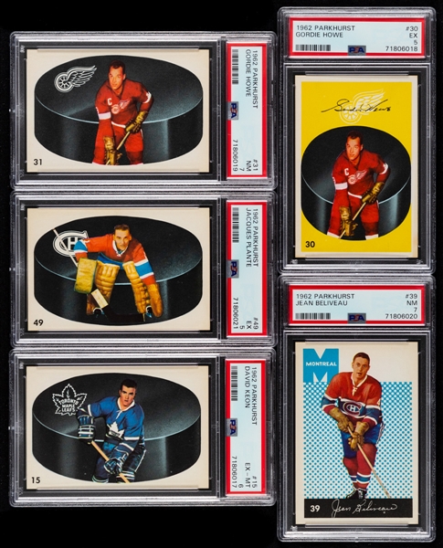 1962-63 Parkhurst Hockey Complete 56-Card Set with PSA-Graded Cards (6) Inc. HOFers #30 Howe (EX 5), #31 Howe (NM 7), #39 Beliveau (NM 7) and #49 Plante (EX 5) Plus 5 Extras