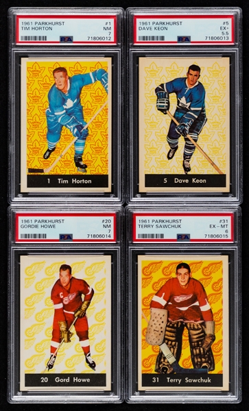 1961-62 Parkhurst Hockey Complete 51-Card Set with PSA-Graded Cards (5) Inc. HOFers #1 Horton (NM 7), #5 Keon Rookie (EX+ 5.5),  #20 Howe (NM 7) and  #31 Sawchuk (EX-MT 6) 