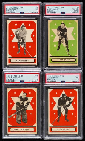 1933-34 O-Pee-Chee V304 Series "B" Hockey Complete 24-Card Set with PSA-Graded Cards (4) of HOFers #68 Thompson Rookie (EX 5), #49 Siebert (EX 5), #50 Joliat (4-MC) and #69 Smith (VG 3) Plus 9 Extras