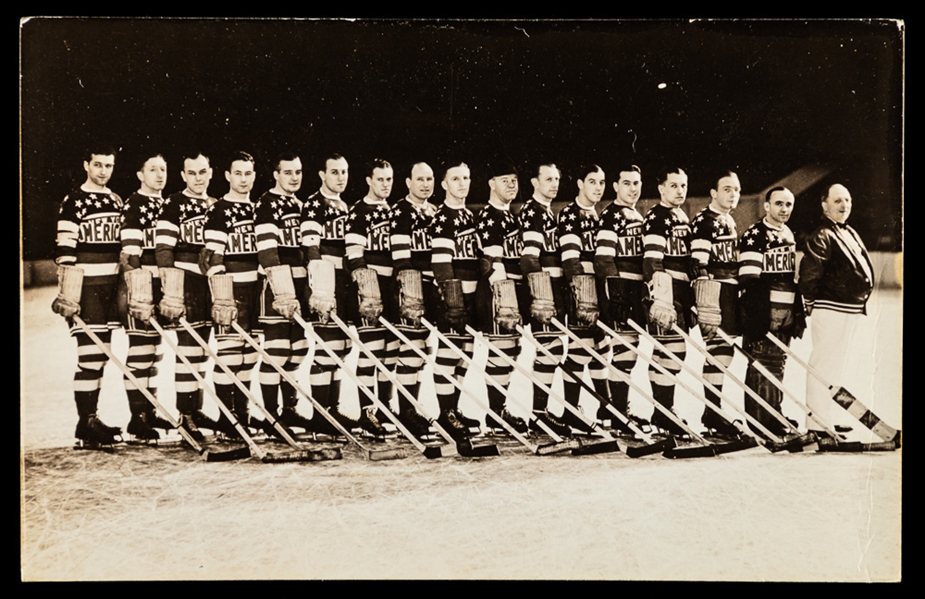 New York Americans 1935-36 Real Photo Team Postcard with HOFers Worters, Schriner, Stewart, Oliver, Dutton and Voss