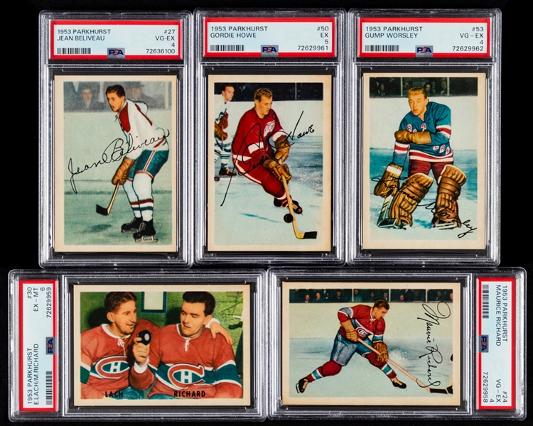 1953-54 Parkhurst Hockey Complete 100-Card Set with PSA-Graded Cards (9) Inc. #27 Beliveau Rookie (VG-EX 4), #24 Richard (VG-EX 4), #50 Howe (EX 5) and #30 Lach/Richard (EX-MT 6) 