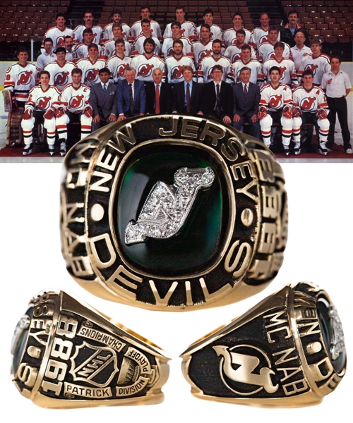 Max McNabs 1987-88 New Jersey Devils Patrick Division Playoff Champions 14K Gold and Diamond Ring with Family LOA