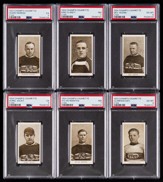 1924-25 Champs Cigarettes C144 Hockey Complete 60-Card Set with PSA-Graded Cards (20) Inc. HOFers Morenz (EX 5), Joliat (EX 5), Vezina (EX-MT 6) and Clancy (NM 7)