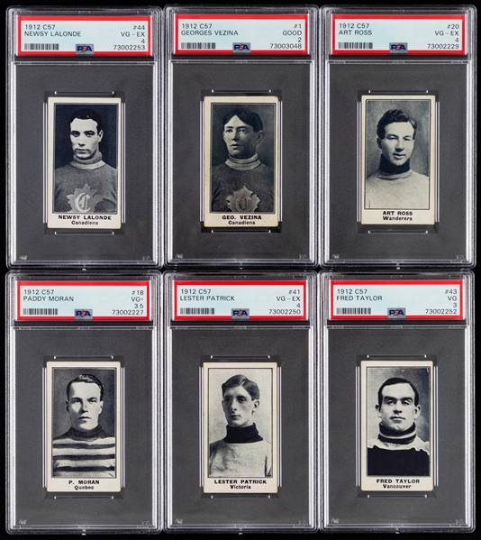 1912-13 Imperial Tobacco C57 Hockey Complete PSA-Graded 50-Card Set Including HOFers #1 Vezina (Good 2), #20 Ross (VG-EX 4), #41 Patrick (VG-EX 4), #43 Taylor (VG 3) and #44 Lalonde (VG-EX 4)