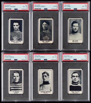 1912-13 Imperial Tobacco C57 Hockey Complete PSA-Graded 50-Card Set Including HOFers #1 Vezina (Good 2), #20 Ross (VG-EX 4), #41 Patrick (VG-EX 4), #43 Taylor (VG 3) and #44 Lalonde (VG-EX 4)