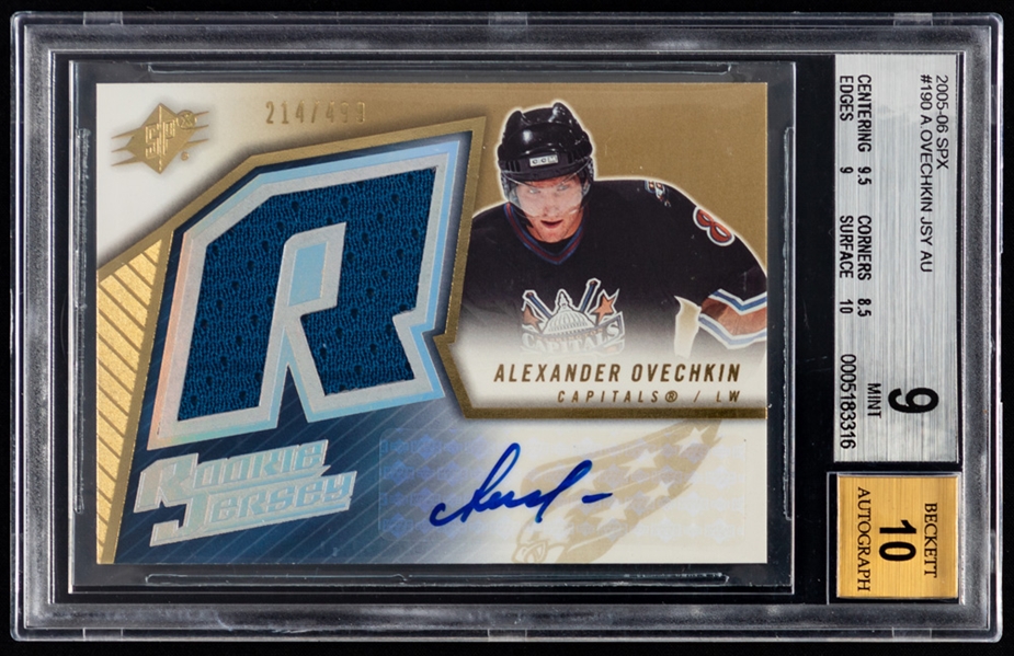 2005-06 Upper Deck SPx Rookie Jersey Autograph Hockey Card #190 Alexander Ovechkin Rookie (214/499) - Graded Beckett 9