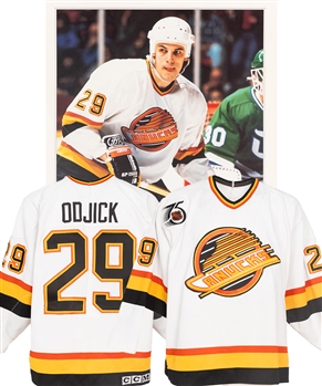 Gino Odjicks 1990-91 Vancouver Canucks Game-Worn Rookie Season Jersey (With Added 75th Patch) - 296 PIMs Season!