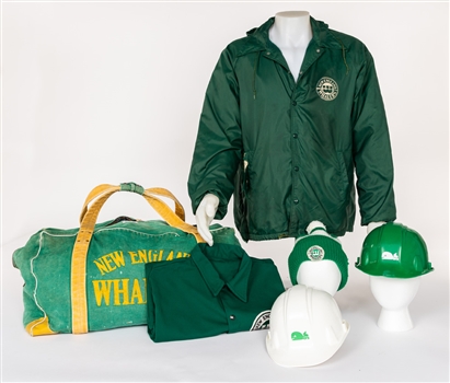 Vintage 1970s WHA New England Whalers Equipment Bag Plus Team Jackets and Construction Helmets