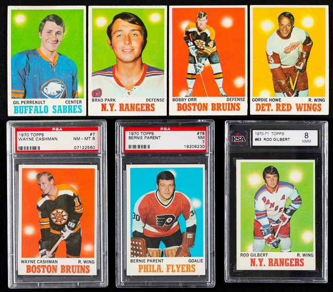 1970-71 Topps Hockey Complete 132-Card Set Including Graded Cards #7 Wayne Cashman Rookie (PSA 8), #63 HOFer Rod Gilbert (KSA 8) and #78 HOFer Bernie Parent (PSA 7)