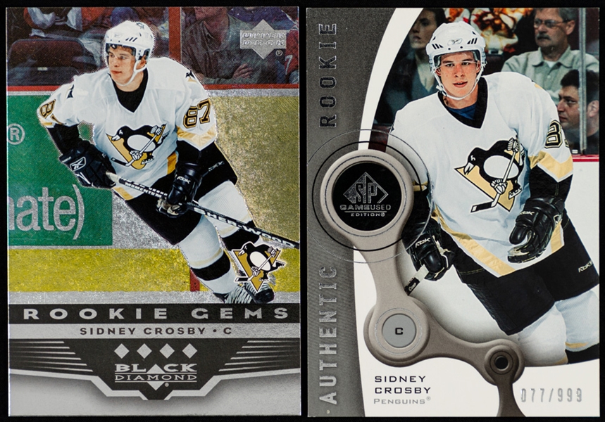 2005-06 Upper Deck SP Game Used Hockey Card #101 Sidney Crosby Rookie (077/999), 2005-06 Black Diamond Rookie Gems #193 Sidney Crosby Rookie and 2005-06 Fleer Ultra #251 Sidney Crosby Rookie