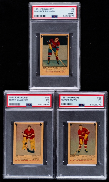 1951-52 Parkhurst Hockey Complete 105-Card Set with PSA-Graded Rookie Cards of HOFers #4 Maurice Richard (PR 1 MK), #61 Terry Sawchuk (PR 1) and #66 Gordie Howe (PR 1) 