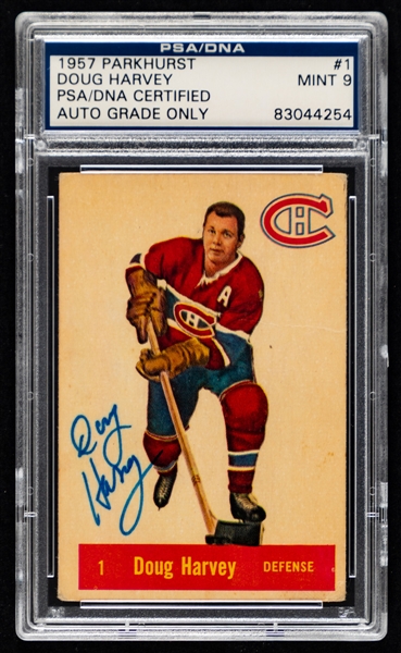 1957-58 Parkhurst Signed Hockey Card #1 HOFer Doug Harvey - Autograph Graded PSA/DNA 9