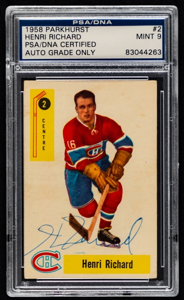 1958-59 Parkhurst Signed Hockey Card #2 HOFer Henri Richard - Autograph Graded PSA/DNA 9