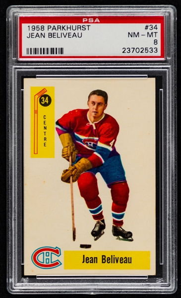 1958-59 Parkhurst Hockey Card #34 HOFer Jean Beliveau - Graded PSA 8