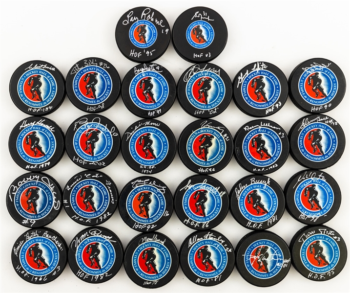 Hockey Hall of Fame Signed Puck Collection of 26 Including Deceased HOFers Hull, Salming, Bouchard, Howell, Pilote, Pronovost, Francis, Stanley, Smith and Moore with LOA