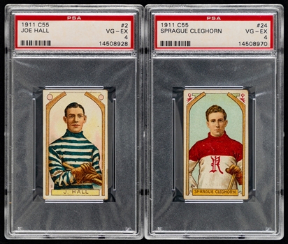 1911-12 Imperial Tobacco C55 PSA-Graded Hockey Cards (4) Inc. #2 HOF Joe Hall Rookie (VG-EX 4), #24 HOF Sprague Cleghorn Rookie (VG-EX 4) and #41 HOFer Didier Pitre (VG-EX 4)