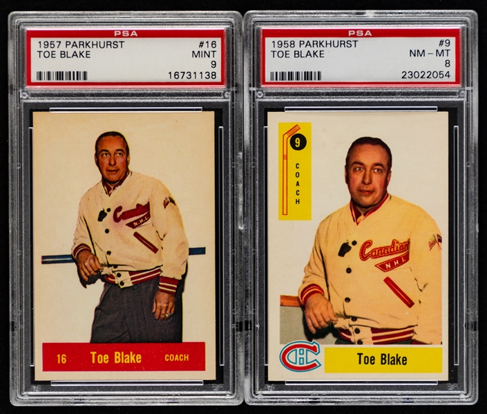 1957-58 Parkhurst Hockey Card #16 HOFer Toe Blake (PSA 9) and 1958-59 Parkhurst Hockey Card #9 HOFer Toe Blake (PSA 8)
