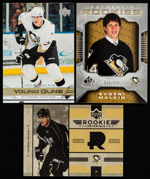 Evgeni Malkin 2004-05 to 2008-09 Hockey Cards (34) Inc. 2006-07 UD Young Guns #486, 2006-07 UD Honorable Numbers #HN-EM (24/71) and 2006-07 UD Signature Shots #SS-EM