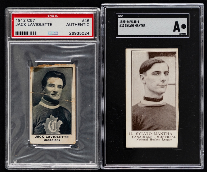 Pre-War Hockey Cards (5) Inc. 1912-13 C57 #46 HOFer Laviolette (PSA AUTH.), 1923-24 V145-1 Paterson #12 HOFer Sylvio Mantha Rookie (SGC AUTH.) and 1933-34 V129 Anonymous #27 Albert Leduc Rookie