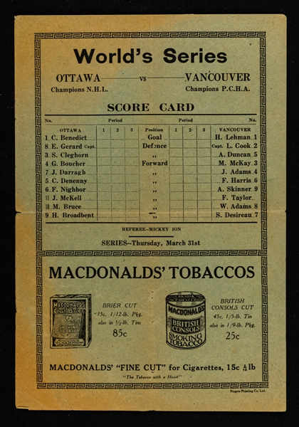 Historic 1920-21 Stanley Cup Finals Ottawa vs Vancouver March 31st Game 4 Score Card From the Harry "Punch" Broadbent Collection 