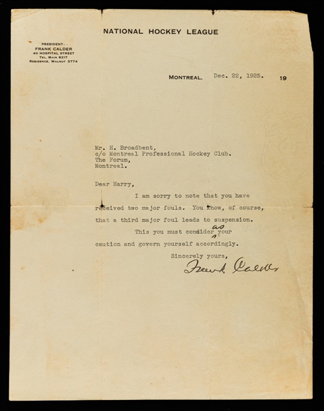 Deceased HOFer Frank Calder 1925 Signed Document on NHL Letterhead Addressed to Harry "Punch" Broadbent and Originating from his Personal Collection with LOA 