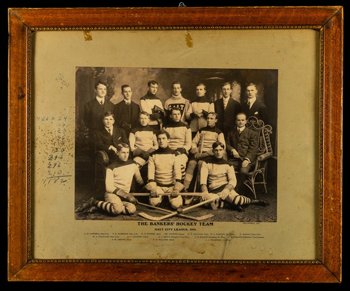 Early-1900s Framed Hockey Team Photo Collection of 2 including 1908 The Bankers Hockey Team Galt City League 