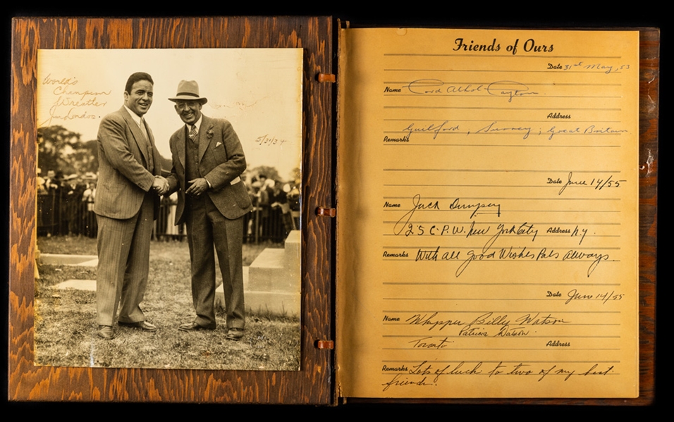 1950s Guest Book Signed by Jack Dempsey, Jersey Joe Walcott, Whipper Billy Watson and Others, Plus Wrestling Photos (10) Including One Signed by Jim Londos