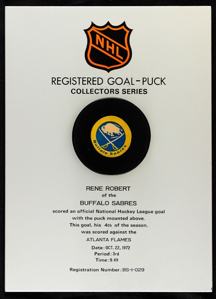 Rene Roberts Buffalo Sabres October 22nd 1972 Goal Puck on Plaque from the NHL Goal Puck Program - 4th Goal of Season / Career Goal #17 - Four Point Night!