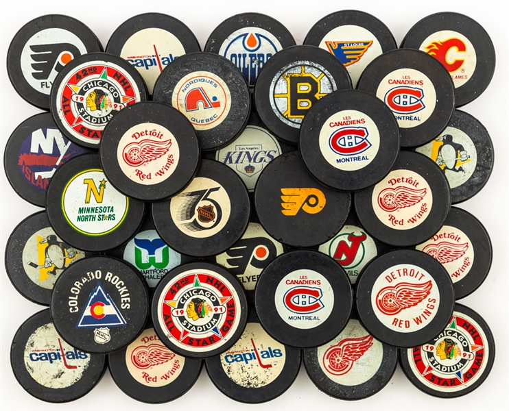 Late-1970s to Early-1990s Viceroy, InGlasCo and Trench NHL Practice and Game Puck Collection of 36