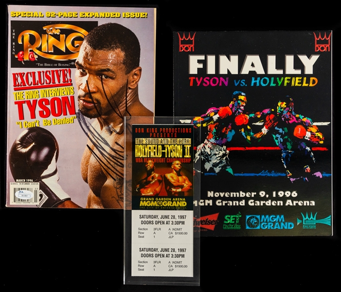 Mike Tyson Signed 1992 The Ring Magazine (JSA Basic Cert), Nov. 9th 1996 Finally Tyson vs Hollyfield Program and June 28th 1997 Holyfield-Tyson II Ticket Encased in Lucite (Bite Fight)