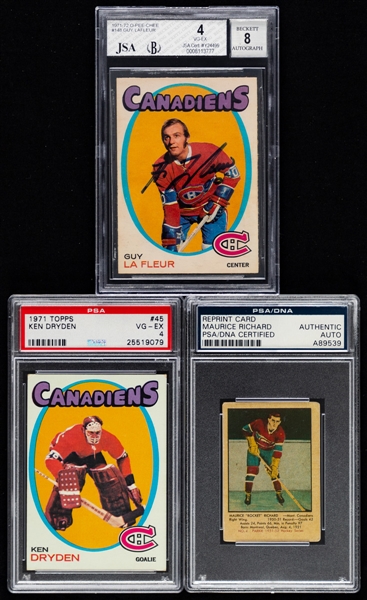 Maurice Richard Signed Parkhurst Reprint Rookie Card (PSA/DNA), 1971-72 OPC Signed Card #148 HOFer Guy Lafleur Rookie (Beckett Graded) and 1971-72 Topps #45 HOFer Ken Dryden Rookie (Graded PSA 4)