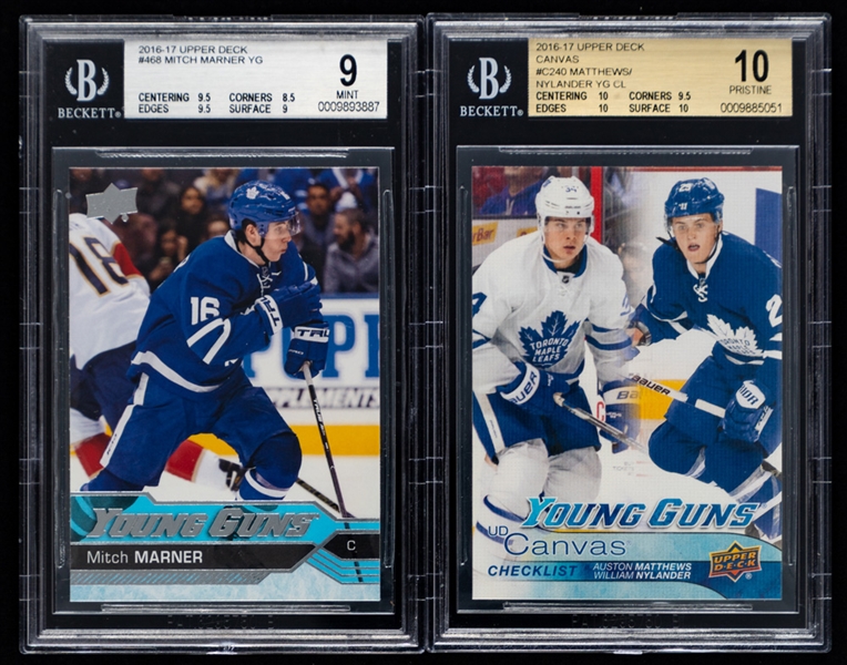 2016-17 Upper Deck Young Guns Hockey Card #468 Mitch Marner Rookie (Graded Beckett 9) and 2016-17 Upper Deck Canvas #C240 Matthews/Nylander Young Guns Checklist (Graded Beckett 10)