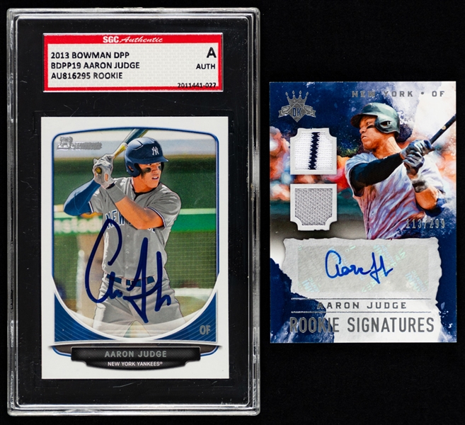 2013 Bowman Signed Baseball Card #BDPP19 Aaron Judge Rookie (Graded SGC Authentic Auto) and 2017 Panini Diamond Kings DK Rookie Signatures Dual Relics #RS-AJ Aaron Judge