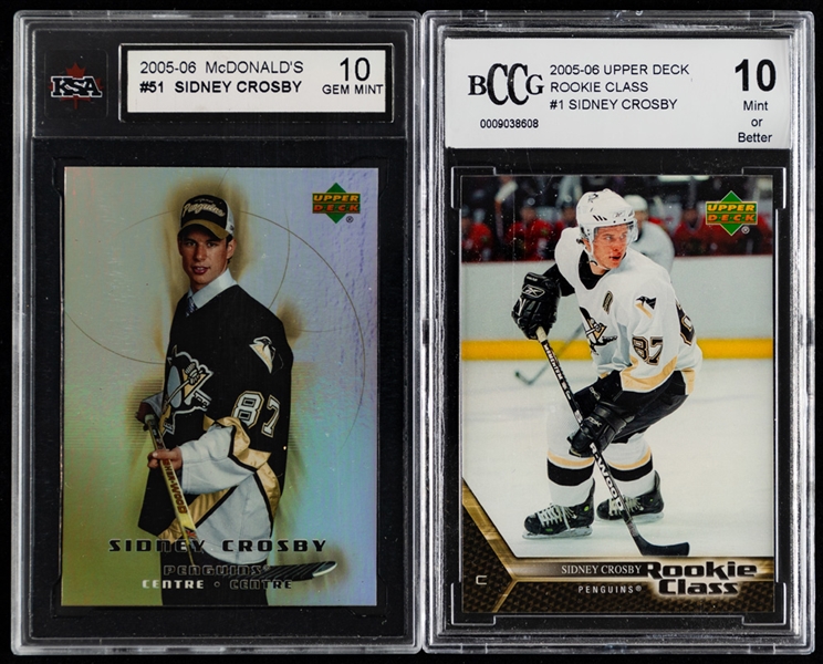 Sidney Crosby 2005-06 Rookie Cards (3) Including Upper Deck McDonald #51 (Graded KSA 10) and Upper Deck Rookie Class #1 (Graded BCCG 10)