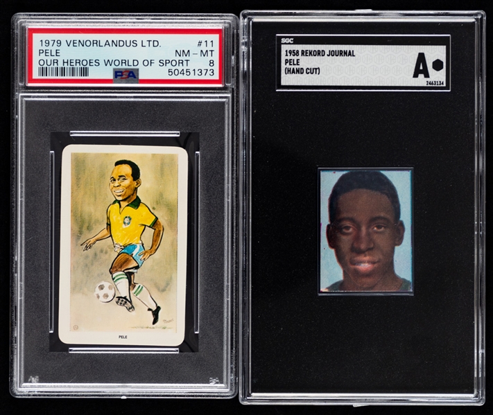 1958 Swedish Rekord Journal Pele Rookie (Graded SGC Authentic) and 1979 Venorlandus Ltd. Our World of Sport Soccer Card #11 Pele (Graded PSA 8)