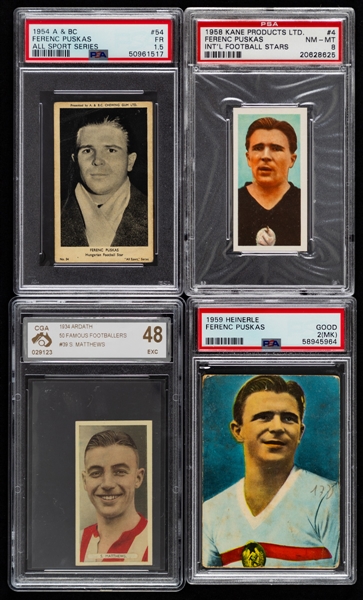 1930s to 2010s Soccer Cards (21) Including Stanley Matthews, Ferenc Puskas, Diego Maradona, Lionel Messi, Cristiano Ronaldo and David Beckham