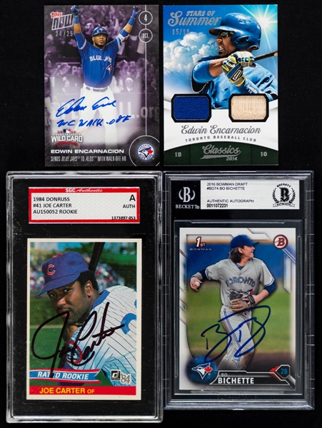 Toronto Blue Jays Cards (12) Including 2016 Topps Now Autograph #538-D Edwin Encarnacion, 1984 Donruss #41 Joe Carter Signed RC (SGC) and 2016 Bowman Draft #BD-74 Bo Bichette Signed Card (Beckett)