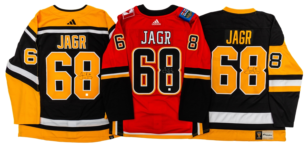 Jaromir Jagr Signed Pittsburgh Penguins Fanatics and Adidas Reverse Retro Jerseys Plus Calgary Flames Adidas Pro Jersey with COAs
