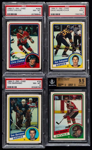 1984-85 O-Pee-Chee PSA/BVG-Graded Hockey Cards (15 - All RC) Including #259 HOFer Chris Chelios Rookie (PSA 8), #17 HOFer Dave Andreychuk Rookie (PSA 9) and #18 Tom Barrasso Rookie (PSA 8) 