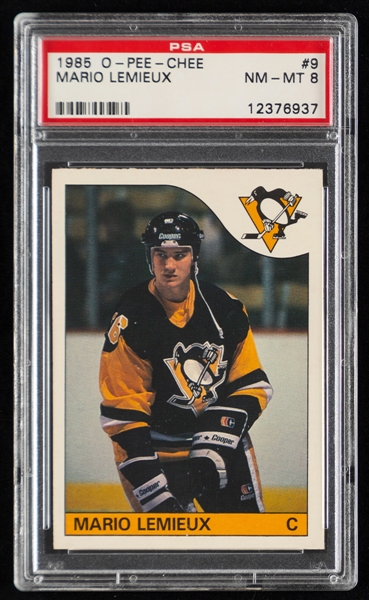 1985-86 O-Pee-Chee Hockey Card #9 HOFer Mario Lemieux Rookie - Graded PSA 8